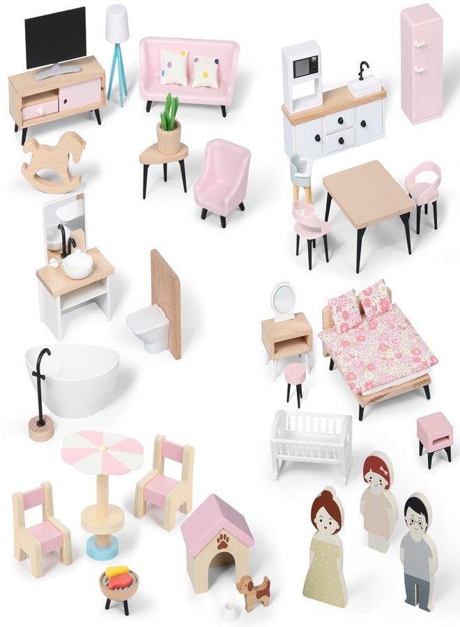 Pithfor Wooden Dollhouse Furniture Set, Dollhouse Accessories and Furniture, with 7 Rooms 3 Dolls, Includes Patio Set & Dog Set, Doll House Furniture Toys Gift for Kids Boys Girls - Image 1
